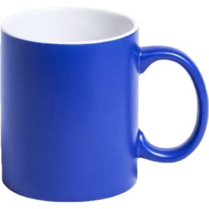 A blue coffee mug with a white interior and a standard handle, featuring a logo.