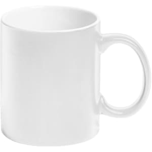A white coffee mug with a smooth finish and a curved handle. The mug has a branding logo on one side.