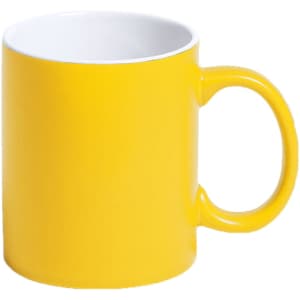 A yellow coffee mug with a white interior and a handle, featuring a logo.