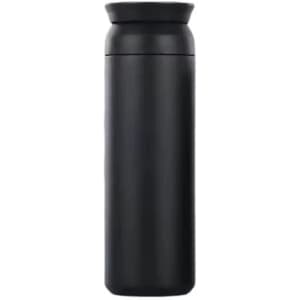 A drink bottle in sleek black with a lid, designed in a Japanese style, suitable for vacuum insulation.