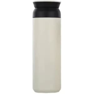 A drink bottle in a sleek, cream colour with a black lid. It features a logo on the surface.