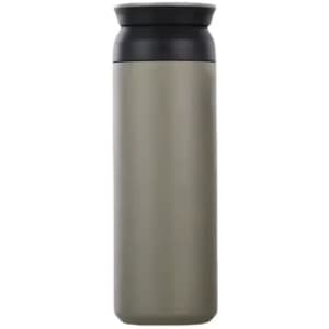 A drink bottle in a sleek grey-green colour with a black lid, featuring a simple design and branding.