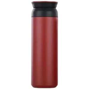 A drink bottle in a matte red finish with a black lid, featuring a simple design and branding on the side.