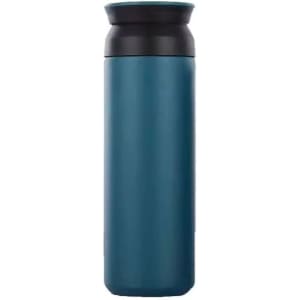 A drink bottle in teal with a black top, featuring a sleek vacuum design and a logo.