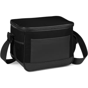 A black insulated cooler bag with a zippered top and adjustable shoulder strap, featuring a side pocket.