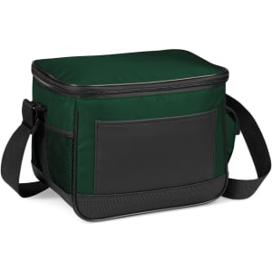 A green and black cooler bag with a zip closure and adjustable strap, featuring a side mesh pocket.
