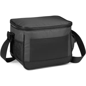 A black can cooler bag with a zippered top, adjustable strap, and mesh side pocket. It features a logo on the front.