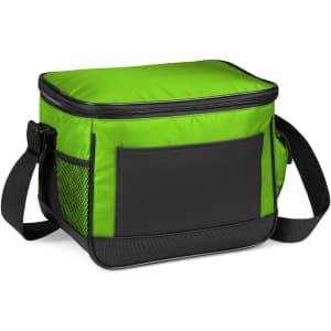 A green and black cooler bag with a zip closure and an adjustable strap, featuring a side mesh pocket.