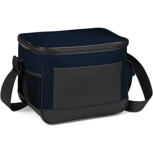 A navy blue cooler bag with a zippered top, featuring a mesh pocket and a detachable shoulder strap.