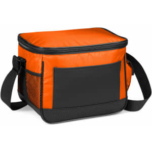 An orange and black can cooler bag with a zippered top and a mesh side pocket. It has an adjustable strap.