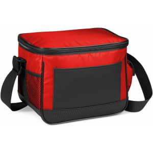 A red cooler bag with a black base and a mesh pocket, featuring a zip closure and a shoulder strap.