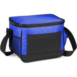 A drink cooler bag in blue and black, featuring a zippered top and a side mesh pocket, with a shoulder strap.