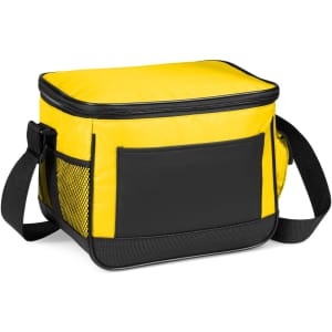 A yellow and black cooler bag with a zippered top and a side mesh pocket. It features an adjustable strap and a logo.