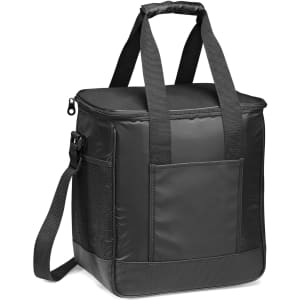 A black cooler bag with a zippered top, featuring two sturdy handles and a detachable shoulder strap.