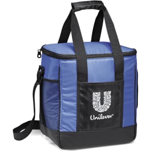 A blue cooler bag with black accents, featuring a logo and side mesh pocket for extra storage.