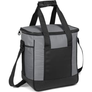 A grey and black insulated cooler bag with two handles and a detachable shoulder strap. It features a front pocket and a logo.
