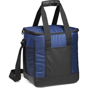 A navy blue and black cooler bag with handles and a detachable shoulder strap, featuring a side mesh pocket.