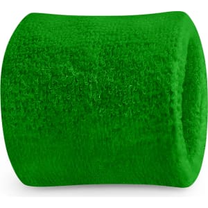 A green terry wrist sweatband with a soft, textured finish. It features a branding logo.