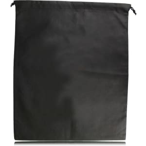 A black drawstring pouch with a smooth surface and a closure cord at the top, featuring a logo.
