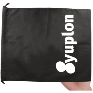 A black drawstring pouch with a logo; features a simple design and a secure closure.