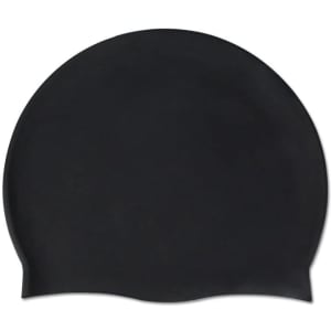 A black silicone swimming cap with a smooth surface and a fitted design. It features a logo on the side.