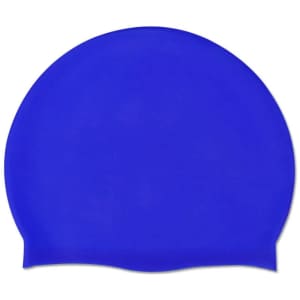 A blue silicone swimming cap featuring a smooth surface and an edge for comfort. It includes a branding logo.