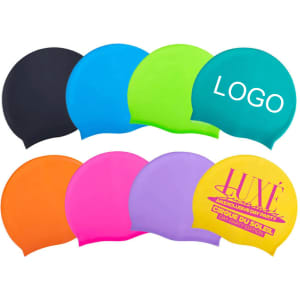 A selection of silicone swimming caps in black, blue, green, orange, pink, and purple, featuring a logo on one cap.