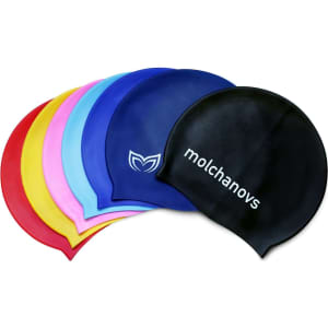 A variety of silicone swimming caps in blue, black, red, yellow, pink, and purple, featuring a logo on one cap.