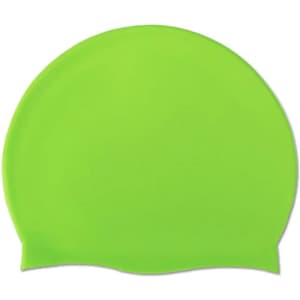 A bright green silicone swimming cap with a smooth surface and rounded shape, featuring a logo.