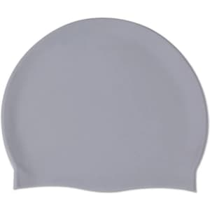 A grey silicone swimming cap featuring a smooth surface and a logo.
