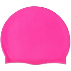 A bright pink silicone swimming cap with a simple design and a smooth surface.