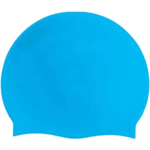 A silicone swimming cap in bright blue, featuring a streamlined design. The cap includes a logo.