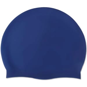 A silicone swimming cap in navy blue with a smooth texture and a subtle branded logo.