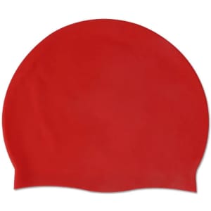 A red silicone swimming cap with a smooth surface and a rounded shape. It includes a logo.