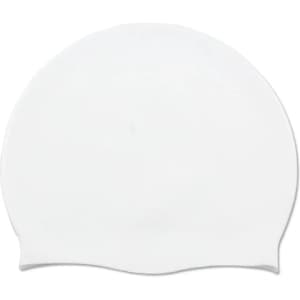 A silicone swimming cap in white, featuring a smooth, rounded design and a logo.