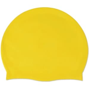 A yellow silicone swimming cap featuring a smooth surface and a simple design, suitable for headwear.