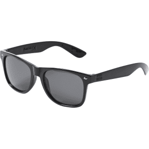 Black sunglasses with dark lenses, featuring a logo on the side. Designed for leisure and outdoor activities.