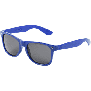 Blue sunglasses with grey lenses displayed from a side angle, featuring a logo on the arm.