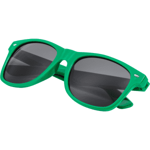 Green sunglasses with dark lenses, featuring an integrated logo.