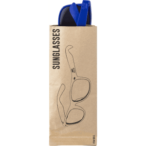 A pair of blue Sigma RPET sunglasses displayed in a brown paper pouch with a logo.