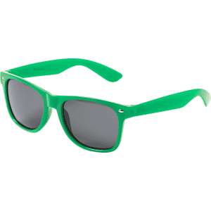 Green sunglasses with grey lenses, featuring a logo on the side. Ideal for leisure and outdoor activities.
