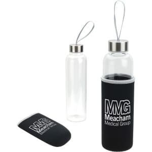 A drink bottle featuring a clear glass body and a black neoprene sleeve, with a stainless steel lid and a logo.