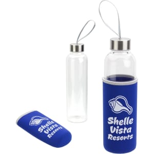 A drink bottle featuring a clear glass design with a stainless steel cap and a blue neoprene sleeve, with branding.