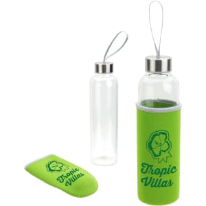 A drink bottle featuring a transparent glass design with a green neoprene sleeve and a matching cap.