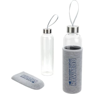 A drink bottle with a stainless steel lid and a grey neoprene sleeve, featuring a logo. The bottle is transparent.