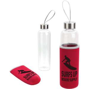 A drink bottle featuring a clear glass design with a red neoprene sleeve and a logo.