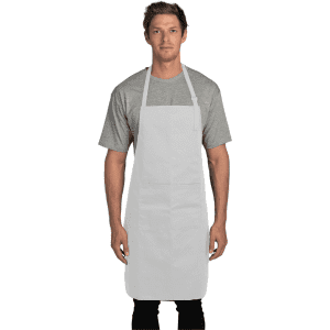 A white chef/waiter's apron worn by a model over a grey t-shirt, featuring a logo on the front.
