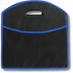 A black expandable boot organizer with a blue trim and a handle, featuring a front mesh pocket.