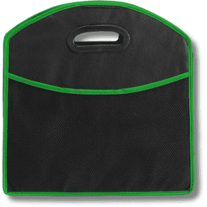 A black expandable boot organizer with green accents and a handle, featuring a mesh pocket on the front.