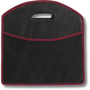 A black expandable boot organiser with burgundy trim and a top handle for easy carrying.